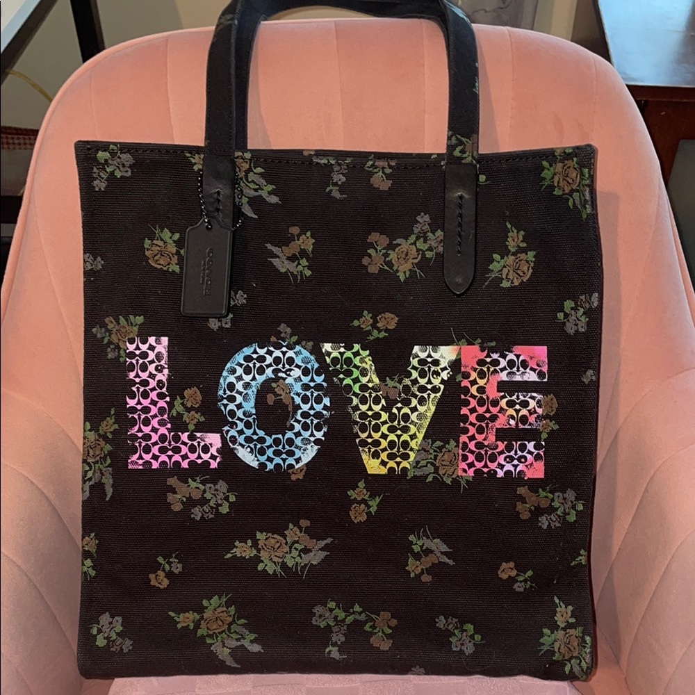 Coach Black Canvas Tote with Multicolor LOVE Coach Logos and Floral Design